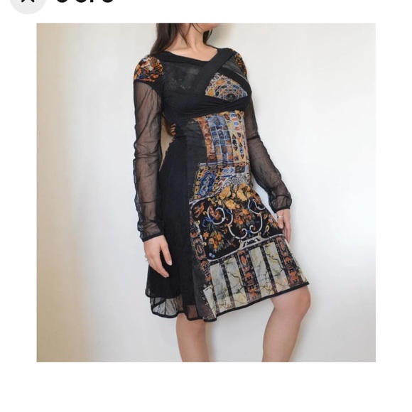 Vintage rare long sleeve midi mesh black with floral Save the Queen mesh dress - Picture 5 of 8